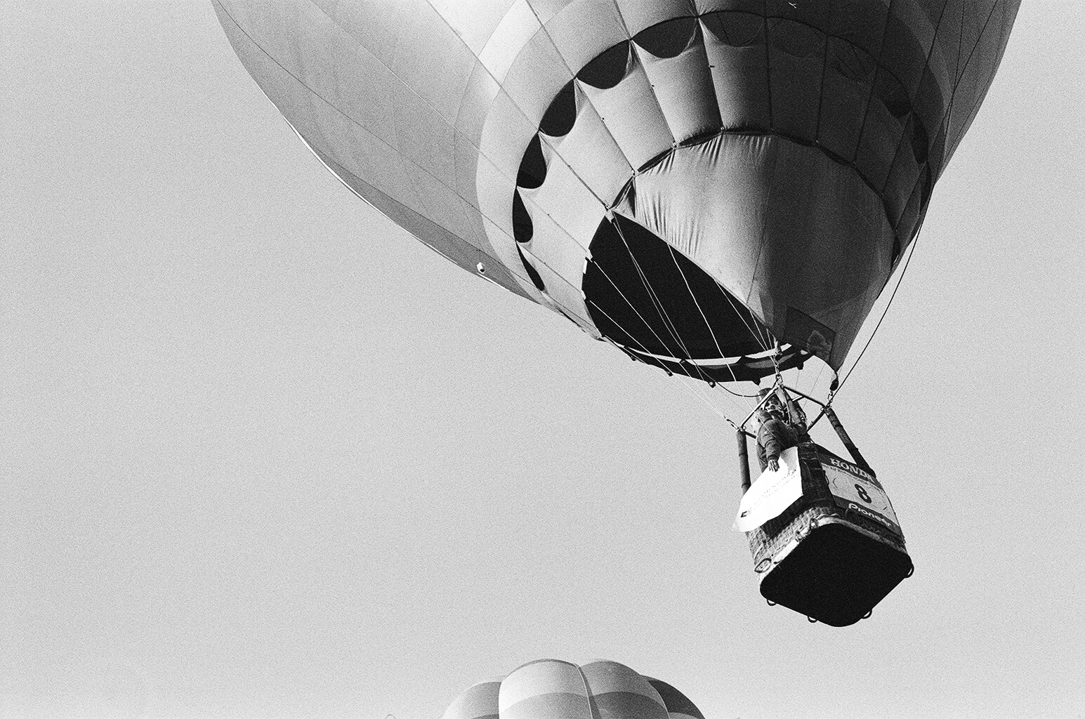 Black and white photograph of hot-air balloon